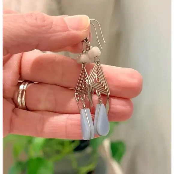 Artisan Geometric Silver Toned Dangle Spiral Triangle Blue Chalcedony - Picture 6 of 9